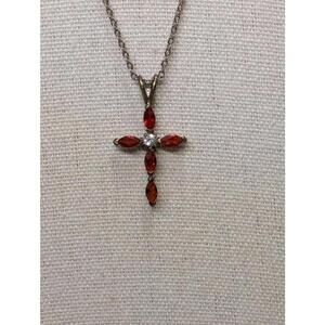 Vintage Sterling Silver Red Garnet Cross Marquise Crystal Pendant Necklace